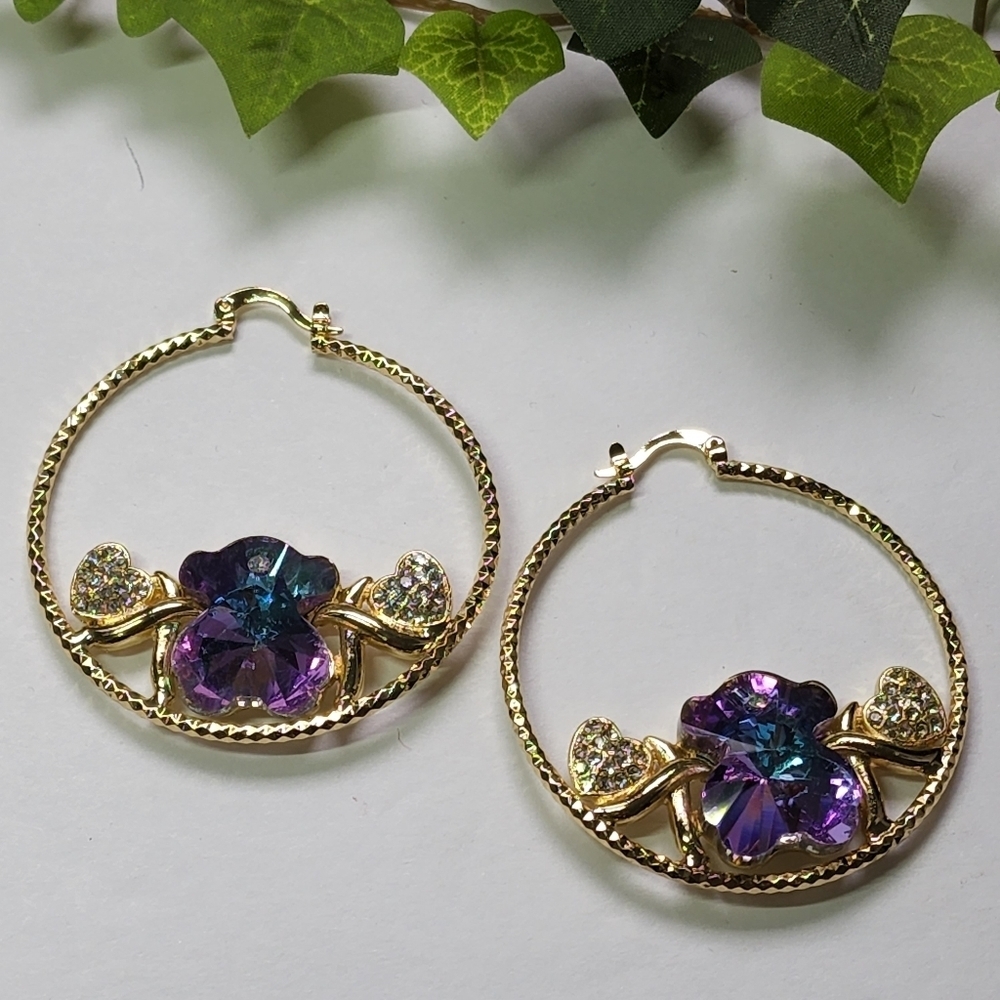 Gold Filled Hoops with Iridescent Crystal Bear